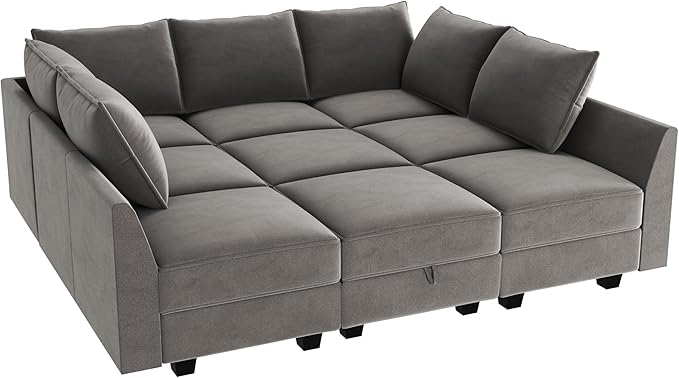 HONBAY Velvet Sectional Sofa Couch with Storage - Modular Sleeper for Living Room, Grey