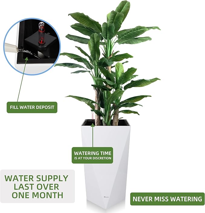 Dexceder 24 Inches Tall Self Watering Planter Diamond High Gloss Indoor Outdoor, Thickened Rhombus Large Floor Standing Flower Plant Pot with Water Level Indicator (White)