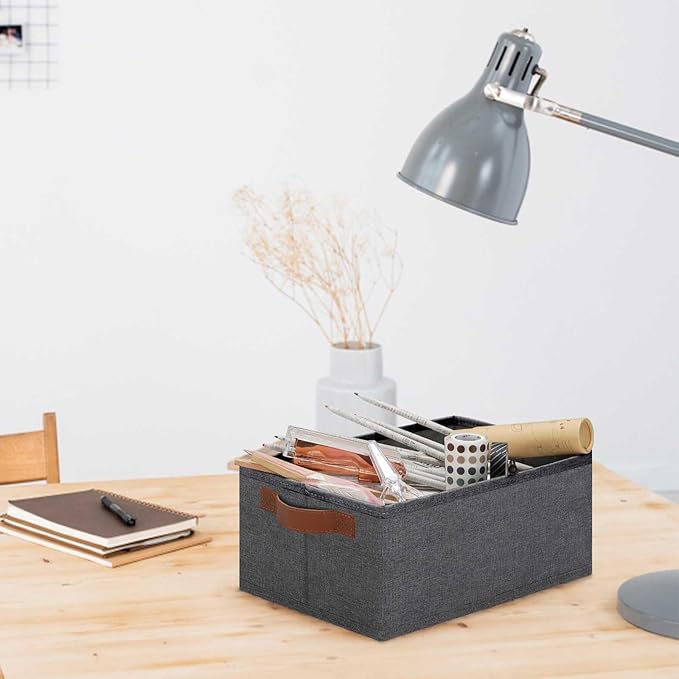 GhvyenntteS Small Fabric Storage Bins 6 Pack, 11.8" x 7.87" x 5.11" Storage Basket with Leather Handles, Closet Storage Bins for Shelves, Storage Baskets for Shelves, DVD Storage (Grey)