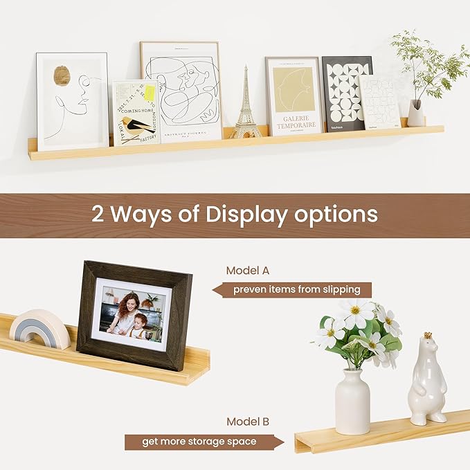 Picture Ledge Shelf, Solid Pine Wood Floating Shelves Set of 2, 48 Inches Nursery Book Shelves for Toys Storage, Kids Bookshelf Wall Mounted for Living Room Bedroom Decor Books Photo Frames, Natural