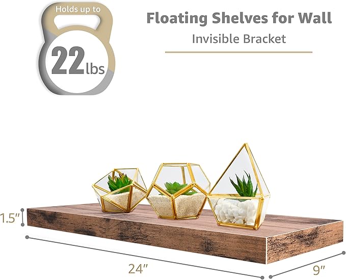 Sorbus Floating Shelves for Wall - 24" Bathroom Shelves, Wall Decor for Bedroom, Kitchen, Living Room, Home Decor & Book Storage - Mounted Floating Shelf with Invisible Brackets (Mahogany, 3 Pack)