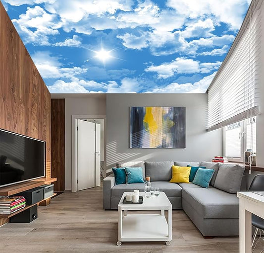 AFZEVEB-Ceiling Mural Blue Sky White Clouds Wallpaper for Living Room 159"x107"(Not Peel and Stick)