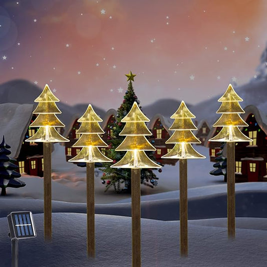 Christmas Solar Pathway Lights Outdoor Decorations，Xmas Tree Lights Waterproof Led Garden Stake Light for Walkway Yard Lawn Porch Holiday Decor 5-Pack (Small Tree, 5 Pack)