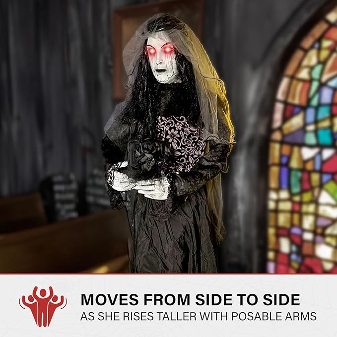 Haunted Hill Farm Rising Ghost Bride by Tekky, Battery-Operated, Sound Activated Animatronic with Sound Effects and Lights for Indoor or Covered Outdoor Creepy Halloween Decoration
