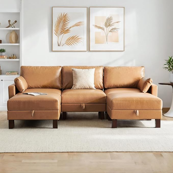 5 Seater Faux Leather Sofa Couch, 98'' L Shape Sectional Couch, Mid Century Modern Decor, Office Sectional Sofa Bed, for House, Apartment, Living Room, Tan
