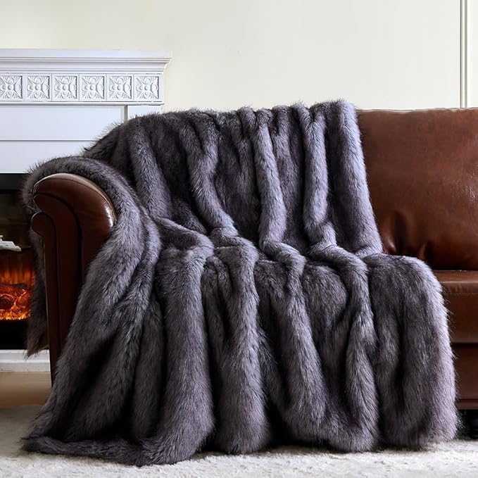 Fluffy Faux Fur Throw Blanket – Super Soft Warm Thick Plush Blanket for Bed, Couch & Office, Cozy Fuzzy Throw with Flannel Backing,108"x90", Grey