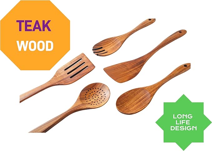 6 PCS Wooden Spoons for Cooking - Teak Wooden Cooking Utensils Set with Holder - Non-Stick, Soft Grip, Ergonomic Design - Natural Finish