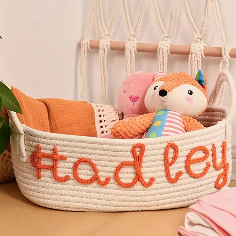 Personalized Baby Name Basket, Custom Woven Baby Shower Gift Basket with Cotton Rope Handle Baby Diaper Nursery Shelf Storage Basket Bin for Kids' Bedroom (Style 3)