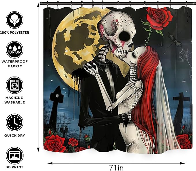 NEWSUYAA Halloween Decorations Shower Curtain Set with Non-Slip Rugs and Bath Mats,Black Skull Skeleton Bathtub Curtains with 12 Hooks,All Saints'Day (Nov 1st) Bathroom Decor