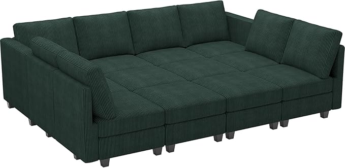 Belffin Oversized 12 Seat Modular Sectional Sleeper Sofa Convertible Sleeper Sectional Sofa with Storage Seat Large Corduroy Modular Couch for Living Room Green