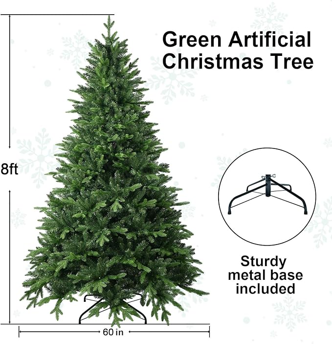 8 FT Artificial Christmas Tree with 2639 PE&PVC Mixed Branch Tips, Unlit Hinged Premium Spruce Fake Xmas Trees, Green, Foldable Base