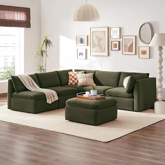 mopio Oversized Modular Sectional Sofa with Fully Removable Covers and Storage, Convertible U, L-Shaped and Sleeper Sectional, Modern Couches with Ottoman Chaise (Olive Green Velvet, 6 Seats, L)
