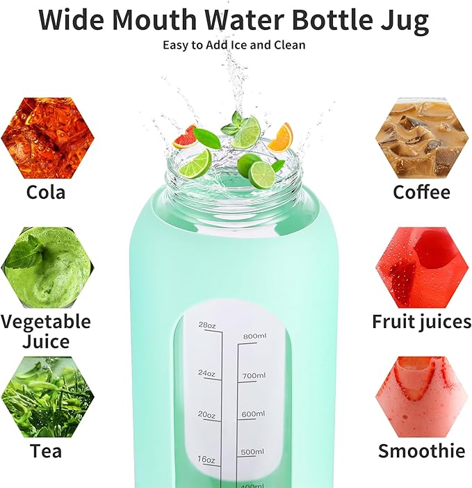 64 oz Glass Water Bottle With Straw and Handle, Half Gallon Sports Motivational Water Jug Flask with Silicone Sleeve, Large Water Cup with Time Marker for Travel, Gym, Black