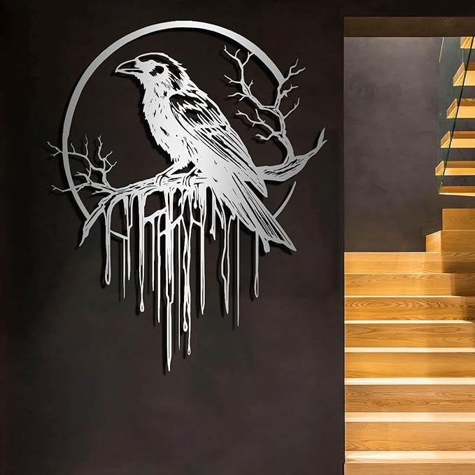 Crow Metal Wall Decor, Raven Wall Art, Large Gothic Raven Decor Hangings, Bird Wall Decor, Metal Tree Branch Decor, Ravens Sign, Raven Art for Living Room (Gold, 31"x25" | 80x64cm, metal wall art)
