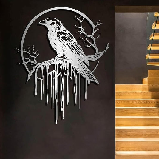 Crow Metal Wall Decor, Raven Wall Art, Large Gothic Raven Decor Hangings, Bird Wall Decor, Metal Tree Branch Decor, Ravens Sign, Raven Art for Living Room (Silver, 35"x28" | 90x72cm, metal wall art)