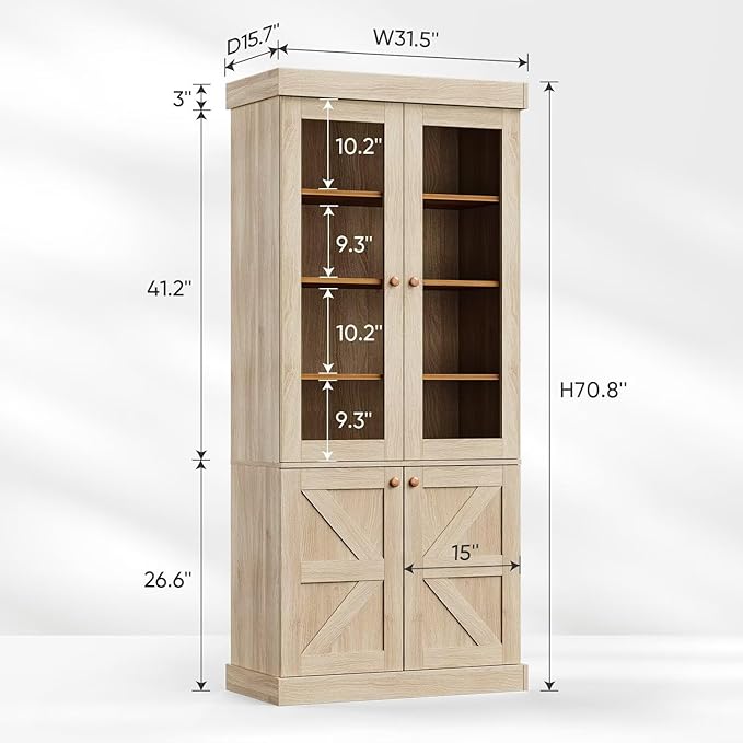 Vyre 71" Tall Farmhouse Bookshelves with Glass Doors, Set of 3 – Large Modular Bookcase with Adjustable Shelves, Storage Cabinet for Living Room, Kitchen, Home Office, Brown