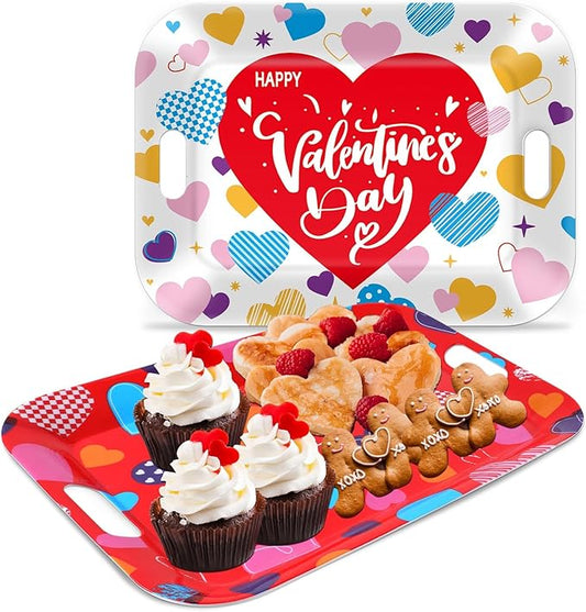 gisgfim 2Pcs Valentine Serving Trays 16.1 X 11.1 Inch Large Melamine Pink Red Heart Trays Platters with Handles Sweet Love Food Trays for Snacks Birthday Wedding Engagement Party Decorations