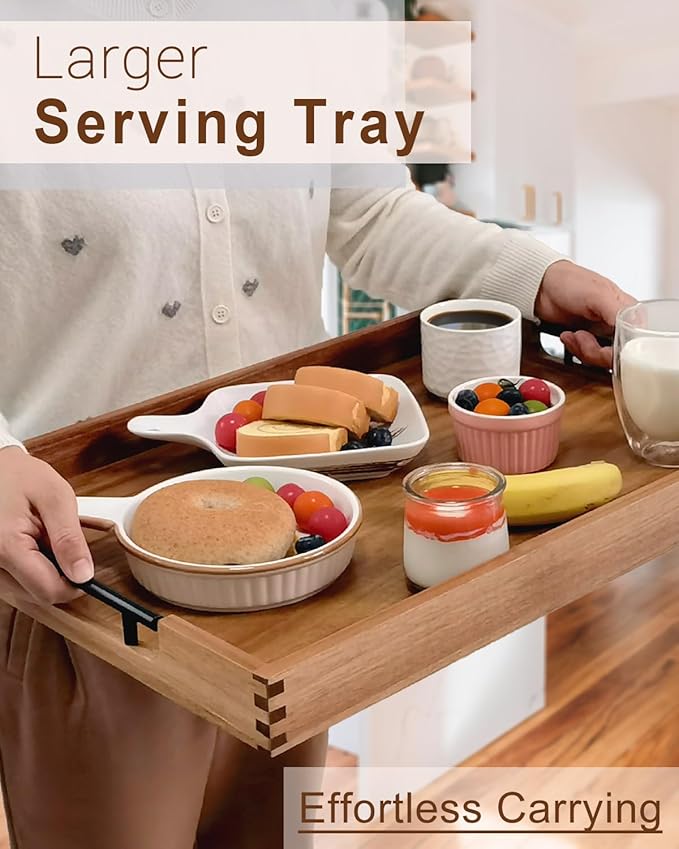 22 Inches Acacia Wood Serving Tray with Metal Handles, Large Wooden Rectangle Ottoman Tray, Decorative and Durable Design for Living Room Coffee Table Couch Kitchen