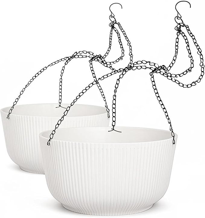 Dexceder 11.2 Inch Self Watering Hanging Planters Indoor Outdoor, Thickened Hanging Basket Flower Plant Pot (2 Pack, White)