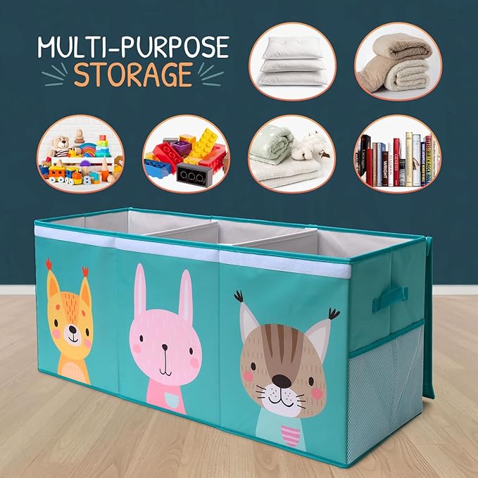Extra Large Toy Storage Organizer with Lid - Sturdy, Collapsible Toy Chest Storage Box with Cute Design - Toys Bin with Dividers for Kids, Boys, Girls, Nursery, Bedroom, Play room 37"x16"x14"