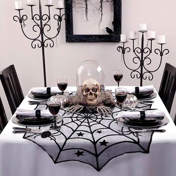 Halloween Tablecloth Round,Black Spider Web Lace Table Cloth, Gothic Kitchen Decor, Fall-Themed Party Decorations, Spider Web Reusable Home Accent, 40 Inches