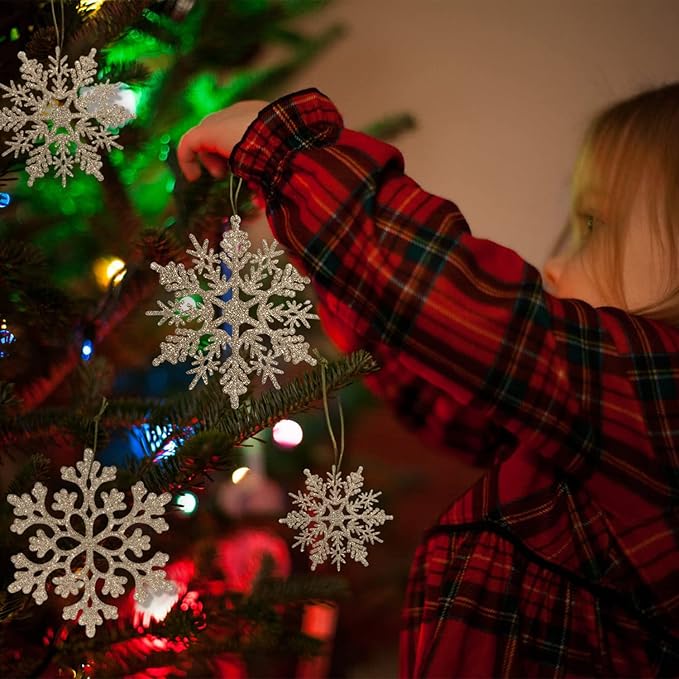 36pcs Christmas Champagne Gold Snowflake Ornaments Plastic Glitter Snow Flakes Ornaments for Winter Christmas Tree Decorations Size Varies Craft Snowflakes