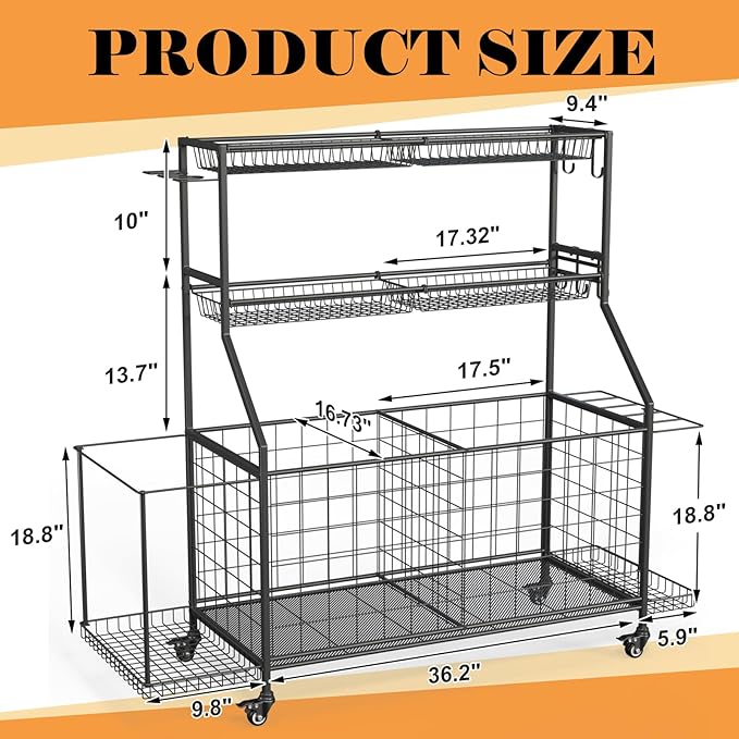 Sports Equipment Organizer, Garage Ball Storage Racks - Outdoor Toy Storage with 2 Side Racks & Removable Baskets, Heavy-Duty Garage Rolling Ball Cart with Wheels, Hooks for Toys, Sports Gear