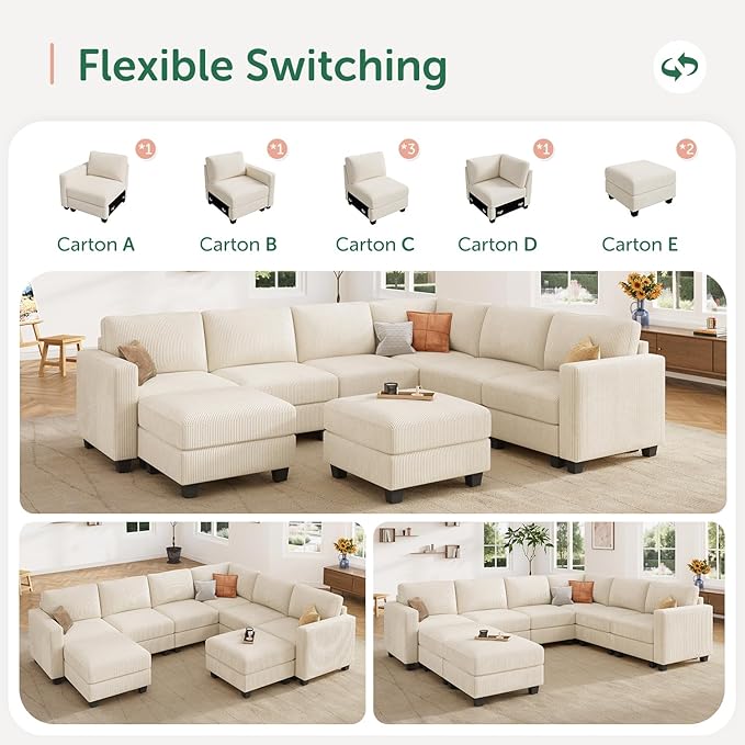 HONBAY Corduroy Sectional Couch with Storage U Shaped Sectional Sofa Modular Sectional Couches for Living Room, Beige