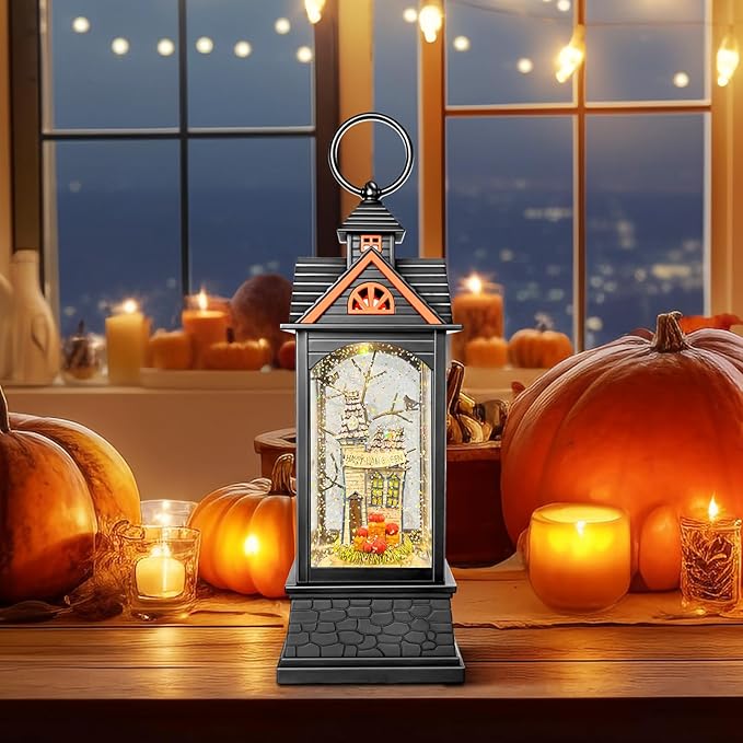 Halloween Snow Globe Lantern, Spooky Ghost Halloween Decor, Plug-in & Battery Operated Snow Globes for Halloween Decorations Indoor