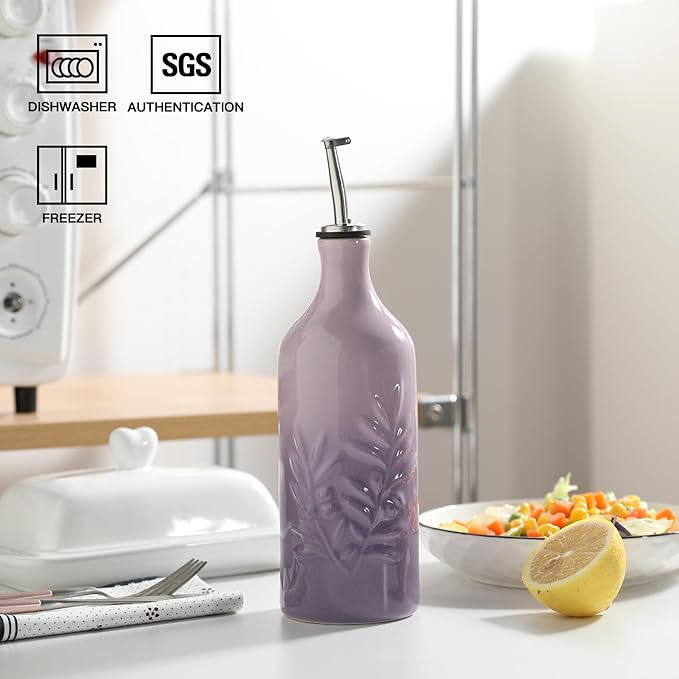 Sweejar Ceramic Olive Oil Dispenser Bottle, 20 Oz Relief Opaque Oil Cruet Protects To Reduce Oxidation, Suitable for Storage Soy Sauce, Coffee Syrup, Liquids, Set of 1 (Gradient Purple)