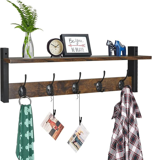 Homode Coat Rack with Wall Mount, 24 Inch Long Entryway Wall Shelf with Hooks, Wood Hanger with Storage Shelf for Bathroom, Hallway, Rustic Brown Black