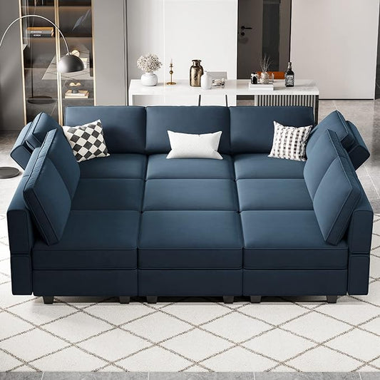 Belffin Modular Sectional Sofa with Ottomans Velvet Reversible Sleeper Sectional Sofa with Chaise Modular Sleeper Sofa Bed with Storage Seat Blue