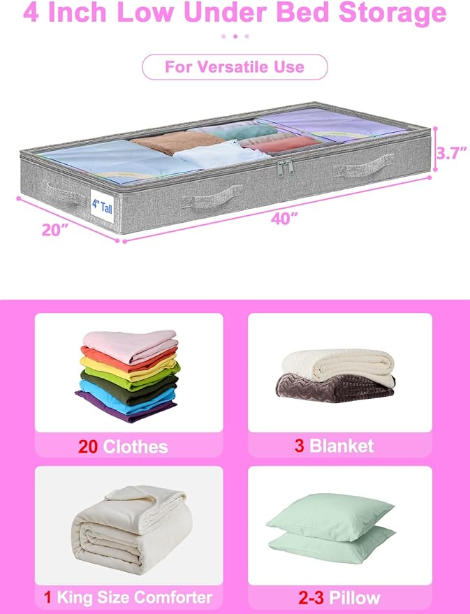 punemi 4pcs Under Bed Storage Containers, Below 4 Inches Tall Low Profile Underbed Storage, NO STRUCTURE, Soft Foldable Underbed Cloth Storage Bags, Zipper Blanket Storage Container, 20x40x3.7in