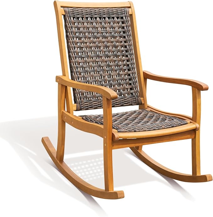 IDZO Wood Wicker Rocking Chair, 400 lbs Capacity, Durable Eucalyptus Wood, Natural Finish, Comfortable Curvy Design, Ideal for Deck, Patio Furniture, and Outdoor Furniture Accent Chair