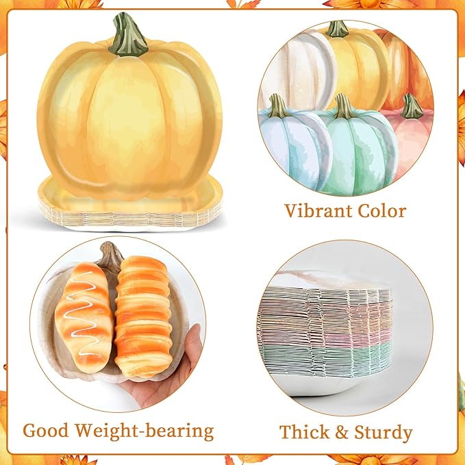 60Pcs Thanksgiving Pumpkin Paper Plates Autumn Fall Party Decoration Tableware Set Watercolor Disposable Dinnerware Pumpkin Shaped Dessert Dish for Harvest Halloween Birthday Baby Shower Supplies