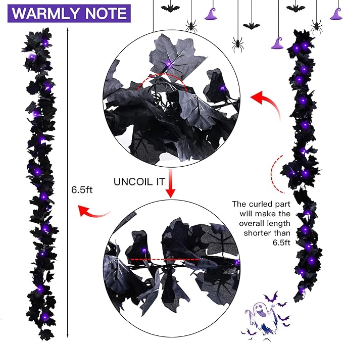 suddus 20 LED Halloween String Lights Battery Operated with Black Maple Leaves 6.5 ft Halloween Garland Decor for Yard, Porch, Table, Wall, Party, Indoor and Outdoor Decorations