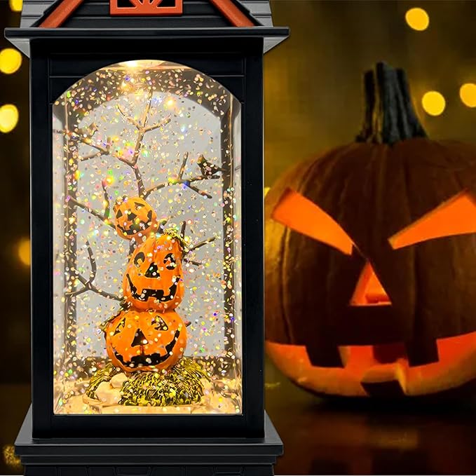 Halloween Snow Globe Lantern with 6 Hour Timer,Halloween Decorations Indoor for Home,Halloween Decor,USB or Battery Powered for Halloween Lanterns,Halloween Pumpkin Lantern
