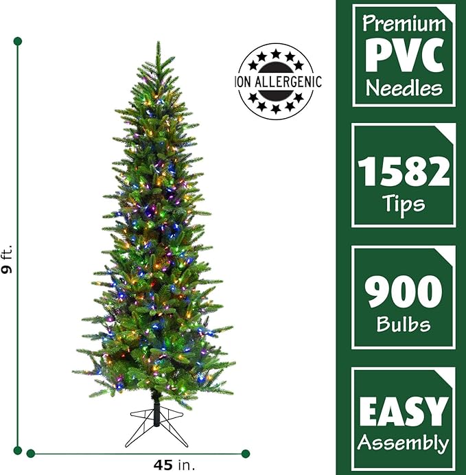 Fraser Hill Farm 9-Ft. Carmel Pine Slim Artificial Christmas Tree with Dual Multicolor & Warm White LED Lights and Stand, Prelit Foldable Fake Tree with Realistic Foliage for Home Decoration