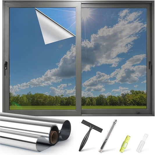 Kromapolis Window Privacy Film Reflective Mirror Film One Way Window Tint for Home, Daytime Privacy Heat Control Anti UV Glass Tinting, Non-Adhesive (Silver, 35.4 x 157.4 inch)