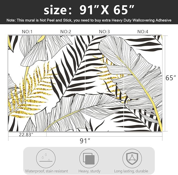 '-Black and Gold Tropical Botanical Banana Leaf Fabric Wallpaper Living Room Bedroom Bathroom Abstract Plant Wall Mural- 91"x65"（ not Peel and Stick）
