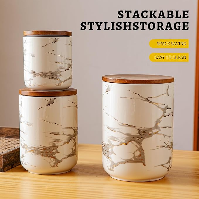 Ceramic Canister Set with Bamboo Airtight Lids, 3-Piece Kitchen Storage Jars (48oz, 30oz, 12oz) – White with Gold Marble Pattern, Glossy Finish, for Coffee, Sugar, Flour & More