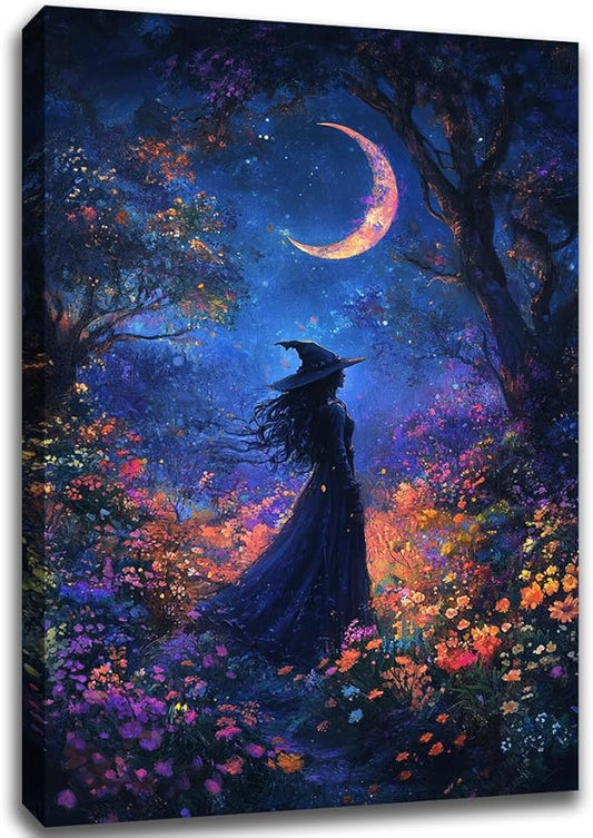 Vintage Halloween Witch Decor Mystic Gothic Wall Art Poster,Enchanting Witch Fall Whimsical Wildflowers Woodland Forest Crescent Moon Picture Art,Creepy Witchy Home Decor,8"x12" Framed
