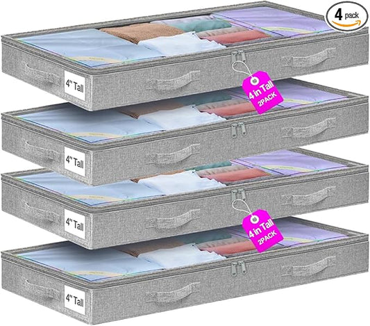 punemi 4pcs Under Bed Storage Containers, Below 4 Inches Tall Low Profile Underbed Storage, NO STRUCTURE, Soft Foldable Underbed Cloth Storage Bags, Zipper Blanket Storage Container, 20x40x3.7in