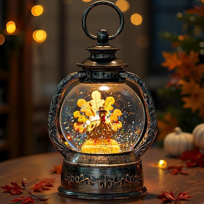 Fall Snow Globe Lantern - Thanksgiving Glittering Lighted Water Lantern, Fall Decorations Autumn Harvest Day Gifts, Home Halloween Christmas Decor (Turkey in Pumpkin)