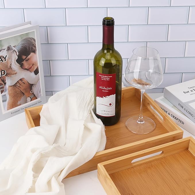 2 Pack Large Bamboo Serving Tray with Handles, 14 x 10 inch Wooden Dinner Tray, Home Kitchen Breakfast Trays for Living Room Bedroom Kitchen Dinner Table, Picnic