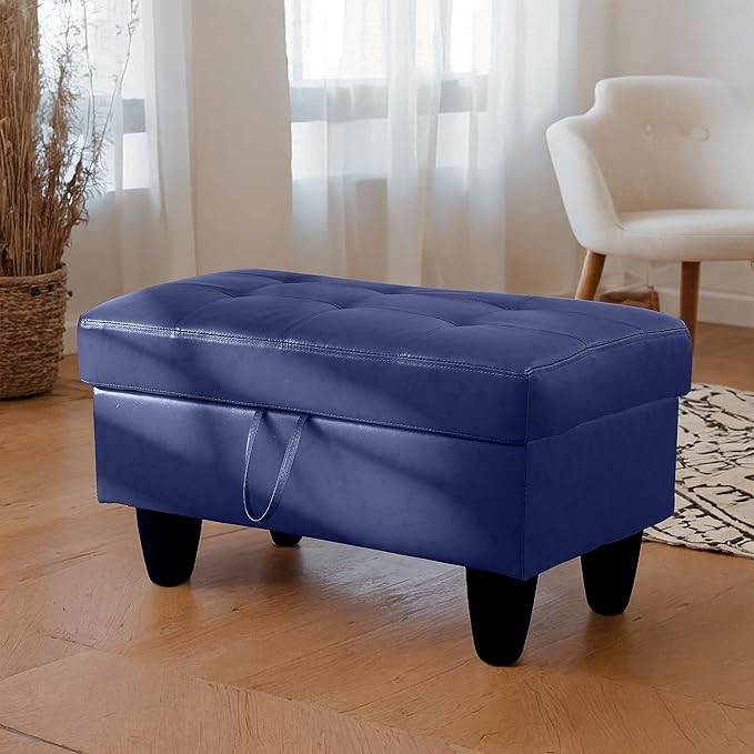 Ottoman Rectangular Storage Ottoman Bench, Faux Leather Footrest, Coffee Table, Stool Footstool with Hinged Lid for Living Room, Bedroom, Entryway, Blue, 35"x23.5"x17.5"