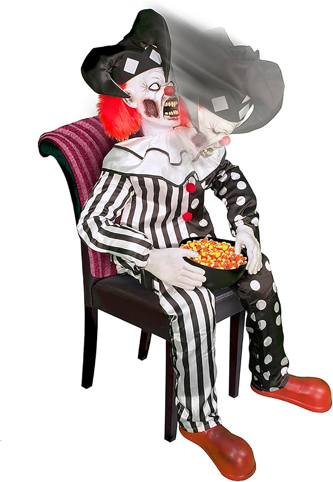 Haunted Hill Farm Hartley The Sitting Scare Clown by Tekky, Motion-Activated Talking Jump-Scare Halloween Animatronic for Halloween Party Prank Decoration, Plug-in or Battery Operated Halloween Props