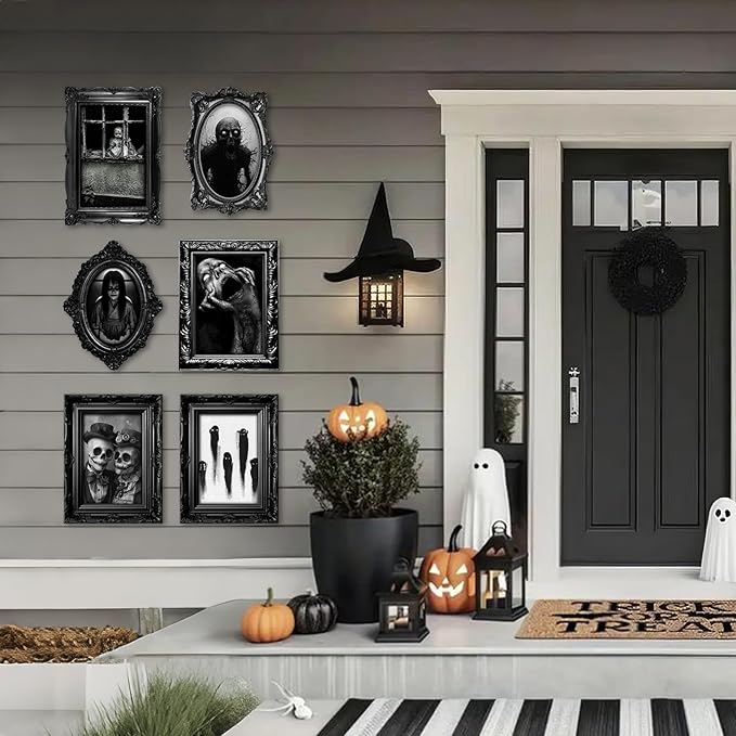 15 Halloween Gothic Creepy Skull Photos Haunted Horror Picture Frame, Waterproof Durable, with 80pcs Self Adhesive Dots Photo Decoration For Haunted Family Castle Masquerade Party 2025 Black