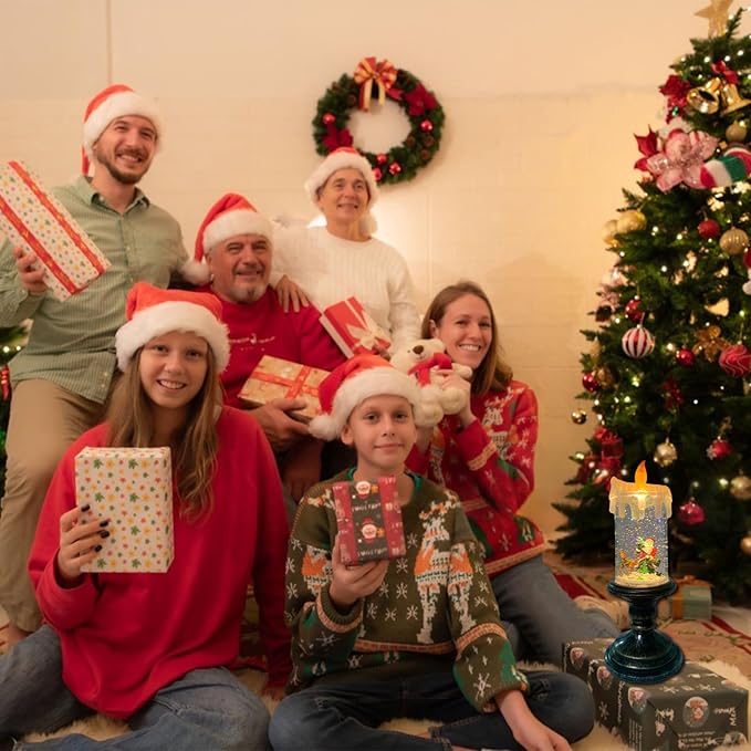 Flameless Snow Globe Candle Light Christmas Santa Decoration with Swirling Water & Glitter, Spinning LED Candles for Home, Tabletop, Holiday Decor