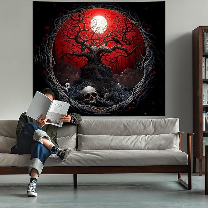 Atrippy Halloween Black Red Anime Tapestry, Gothic Dark Forest Moon Wall Hanging, Nature Skull Withered Tree Landscape Tapestries for Bedroom Living Room Men Dorm 60x 79 Inches